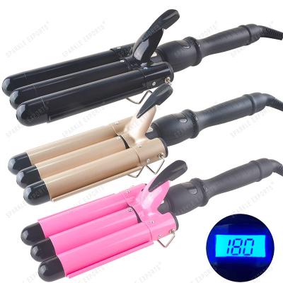 China LCD Portable Three-tube Magic Wand Three-stick Device Water Ripple Hairdressing Magic Wand Electric Curling Splint for sale