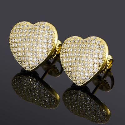 China Popular High Quality/HopJewelry Hip Hop Earrings Heart Shape Heart 18K Gold Plated 925 Sterling Silver VVS Moissanite Stud Earrings for sale