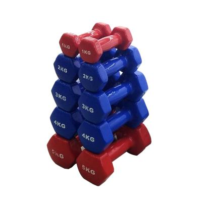 China Dumbles Latest And Convenient Rubber Covered Dumbbell Small Colorful PVC Dipping Weightlifting Hex Dumbbell for sale