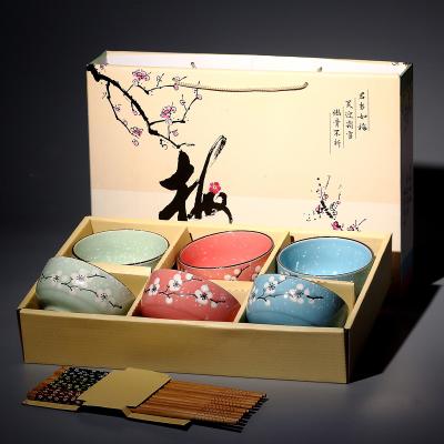 China 2021 hot sale disposable ceramic hand painted rice bowl set with chopsticks for sale