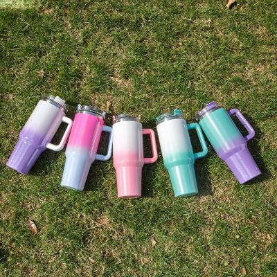 China Stocked 40oz Gradual color change, colorful Reusable travel cup Vacuum car cup with handle and straw stainless steel water bottle for sale