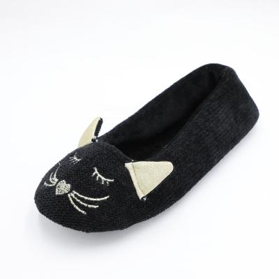 China Cute Cotton Black Cat Kitty Pattern Knitted Embroidery Ballerina Indoor Elegant Shoes for sale