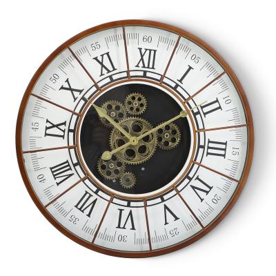 China Antique Black Gold Gears Style 58cm Shabby Chic Distressed Roman Numerals Moving Wall Clock for sale