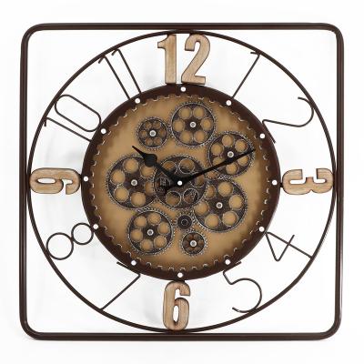 China Antique Style 20 Inch Rustic Vintage Metal Square Gear Industrial Wall Clock for sale