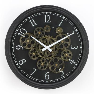 China Antique Style 40cm Black Gold Moving Gears Wall Clock Shabby Chic Distressed With Printing Numbers for sale