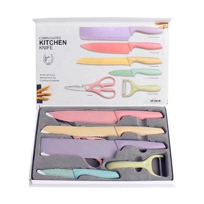 China New Stainless Steel Disposable Knife Set Gift Box Factory Stain Wheat Straw 6 Sets With Knife Household Nonstick Korean Kni Kitchen for sale