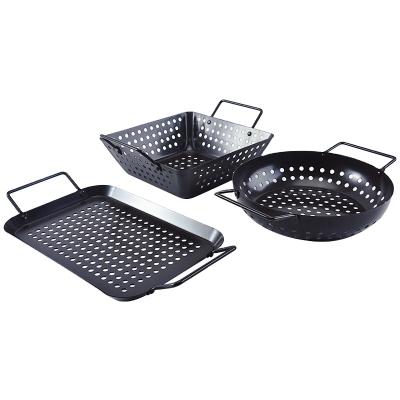 China Perforated Disposable Stain Non Stick Tray Non Stick BBQ Grill Vegetable Cooking Tray With Handle Round BBQ Tray BBQ Tool for sale