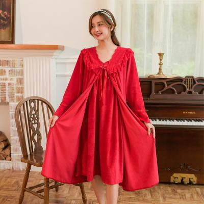 China French noble nightgown plus size autumn and winter women's sleepwear plush two-piece nightgown lace mesh retro for sale