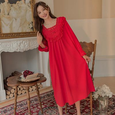 China New Design Women's Nightgown Mesh Embroidery Lace Red Knitted Cotton QUICK DRY Pajamas for sale