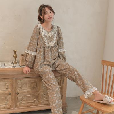 China Spring Long Sleeve QUICK DRY Pure Cotton Printed Soft Retro French Palace Two Piece Pajama Set for sale