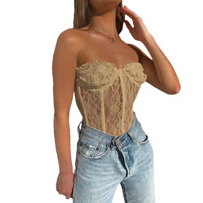 China Women's Sexy Bandeau Top Sleeveless Mesh Breathable Crop Lace Hollow Out Bustier Tube Top for sale