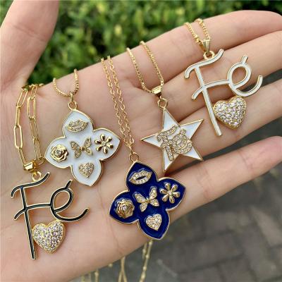 China High quality BD-B1457 chic CZ pave necklace charm necklace enamel jewelry gold plating paperclip chain necklace for sale