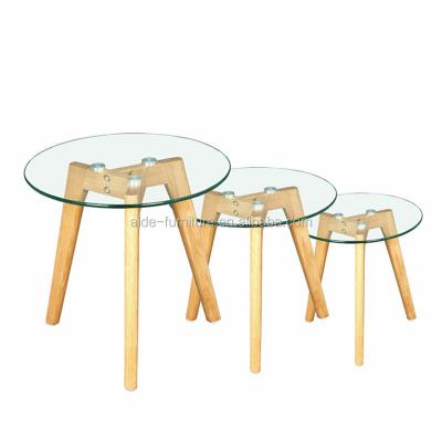 China Morden Three Wooden Legs Glass Coffee Table For Home Living Furniture for sale