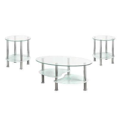 China Hot Selling White Coffee Glass Top Side Double Layer Metal Legs 3 Piece Coffee Table Set for sale