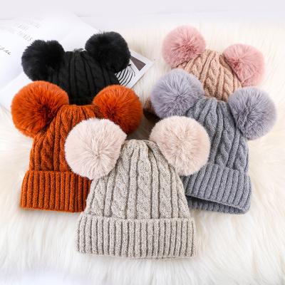 China 100% Baby Pom Pom Beanies Custom Label Crochet Knitted Faux Fur Toddle Hats Wholesale Daily Winter Kids Double Skein Cotton for sale