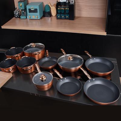 China Sustainable Fashion Gold Modern 13Pcs Cookware Sets Nonstick Aluminum Pots And Pans Sets Packaging Design OEM for sale