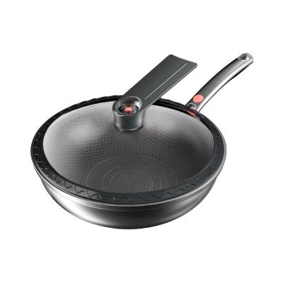 China Non-Stick Micro Pressure Wok Stainless Steel Viable Frying Wok With Tempered Glass Lid Medical Stone Cookware for sale