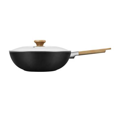 China Amazon Sustainable Hot Selling Chinese Woks Cast Aluminum Non-Stick Wok Wok Burner With Wooden Handle for sale