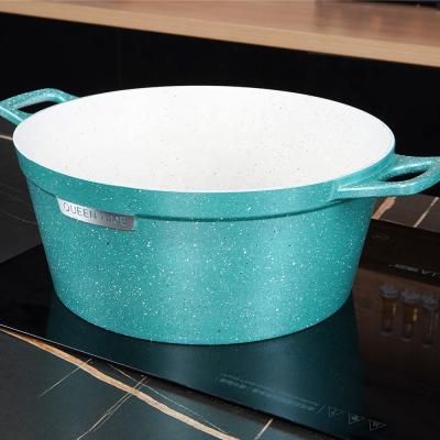 China Sustainable New Design Stick Non Cooking Pot Soup Pot 32cm Deep Stock Pot Aluminum Forged Blue Ceramic Coated Casserole for sale