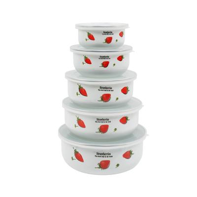 China Sustainable Good Quality 5 Pcs / Set Strawberry Pattern Food Grade Salad Bowl Enamel Salad Bowl for sale