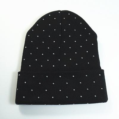 China COMMON Customized Winter Knit Sports Unisex Skullcap With Rhinestones Polyester Spandex Hat for sale