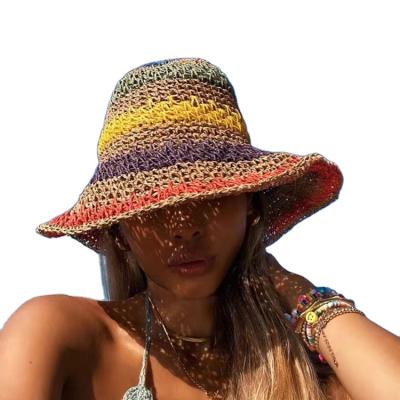 China Color Matching Foldable Seaside Straw Hat Women's Rainbow Fisherman Hat Sun Protection Sun Hat for sale