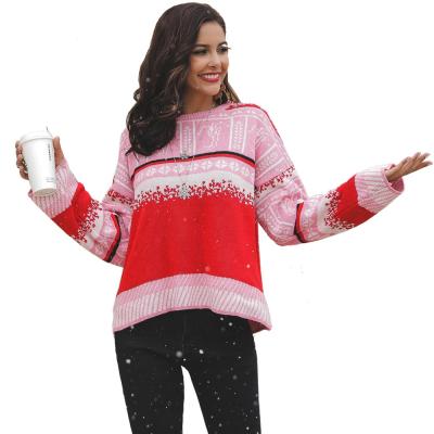 China Factory Direct Breathable Women's Knitted Sweater Full Loose Knit Jumper Christmas Snowflake Patchwork Sweaters for sale