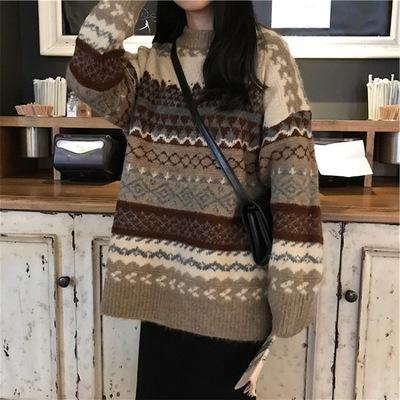 China Anti-pilling 2021 autumn and winter college style sweater women's upper retro women wild loose jacquard sweater for sale