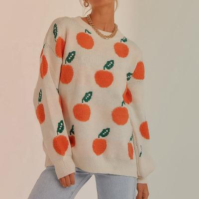 China Anti-pilling 2021 autumn and winter pattern casual loose orange round neck sweater long sleeve knitted women for sale