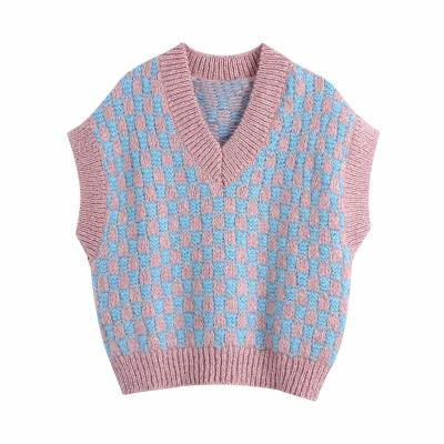 China Anti-Wrinkle V-Neck Turtle Neck Blue And Pink Plaid Sleeveless Vest Sweater For Women for sale