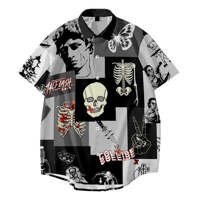 China Frontier Anti-pilling Summer 2021 Short Sleeve Shirt Plus Size Skeleton Quilting Digital Printing for sale