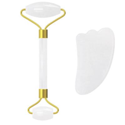 China Real Quartz Rock Jade Face Roller and Gua Sha Set Jade Roller Facial Roller Set for sale