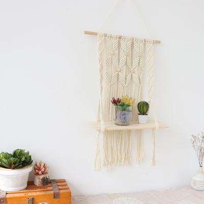 China New Style Minimalist Hand & Woven Macrame Wall Hanging Plant Hanger Floating Shelf For Living Room Decorations Wall Decor for sale