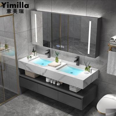 China Luxury Asian Plywood Bathroom Furniture Double Sink Vanity With Lighting Mirror for sale