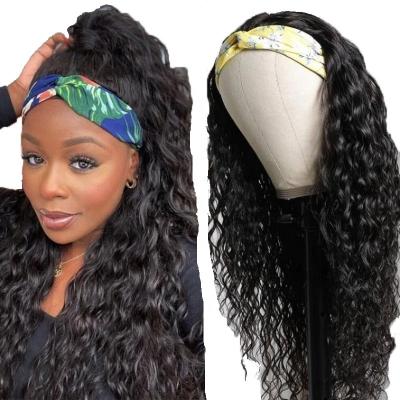 China Hot Selling Cheap Nature Hair Afro Soft Thick Curly Pre-tied Natural Color Water Wave Glueless Hair Band Wigs Scarf For Black for sale