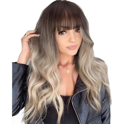 China Natural Fit XuanRan Ombre Brown Blonde Wavy Wigs Long With Air Bangs Women's Synthetic Curly Cosplay Wig For Girl Costume Wigs for sale