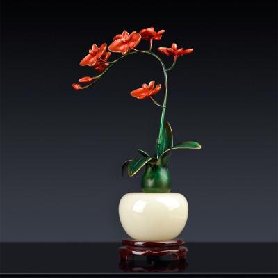 China Europe Orchid Bronze Red Flower In Jade Vase Sculpture Indoor Home Decoration for sale