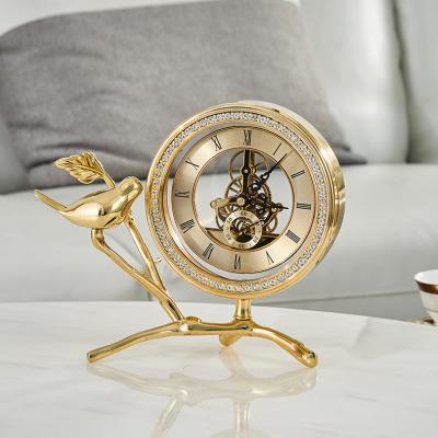 China Modern Antique Style Bronze Desk And Table Clock With Bird Statue Metal Home Decor for sale