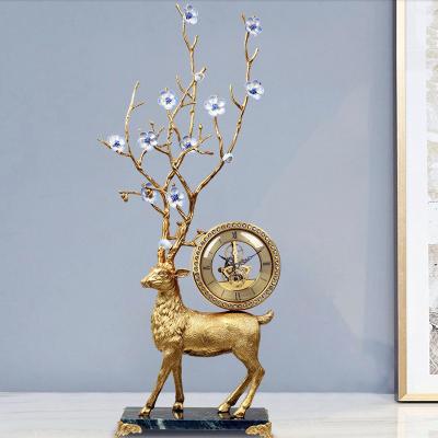 China Antique Style Modern Bronze Metal Table Clock With Deer Statue Luxury Figurine Home Decoration for sale