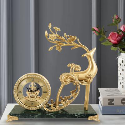 China Contemporary Modern Bronze Metal Clock Statue Deer Table Home Decorative Figurine for sale