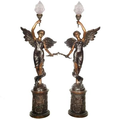 China Europe Pairs Copper Antique Bronze Sculpture Angel Statues Indoor Lamp Pillar for sale