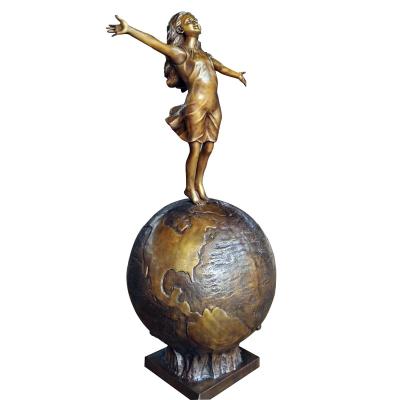 China Europe Life Size Bronze Girl Standing On Globe Statue Children Brass Sculpture for sale