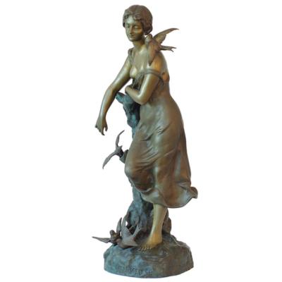 China Life Size Bronze Garden Sculpture Of Europe Female Girl Metal Figure And Birds Statue for sale