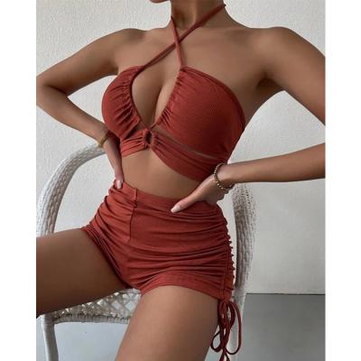 China Wholesale Sexy Slim Drawstring Swapping Halter Sling Solid Color Sleeveless Sets for sale