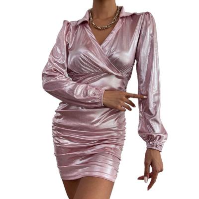 China Anti-Static Long Sleeve Dress Europe And America Solid Color Dress Tight V-Neck Dress for sale