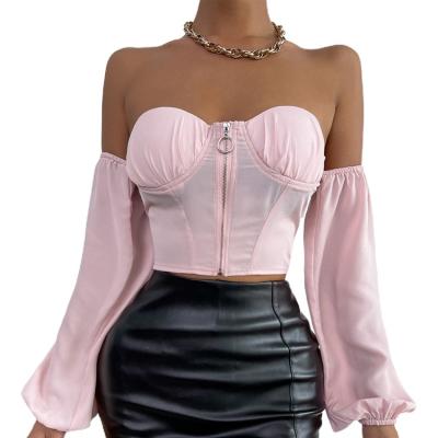 China Pink Solid Color Sexy Long Sleeve Backless Tube Top Anti-wrinkle Anti-wrinkle Tube Zipper One-shoulder Wrap Chest Shirt for sale