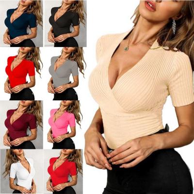 China Anti-Wrinkle 2022 Summer V-neck Sexy Slim Plus Size T-shirts Knit Solid Color Short Sleeve Women's T-shirts for sale