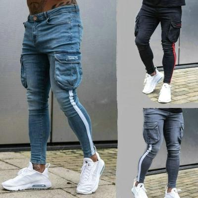 China Cargo Pockets Mens Denim Joggers Mens Breathable Vintage Striped Slim Jeans Blue Jeans Men for sale