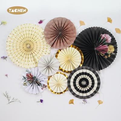 China Party Suppies YACHEN Gold Stamping Round 4 Sizes Birthday Party Wedding 8pcs/set Flower Paper Fan Hanging Decoration for sale