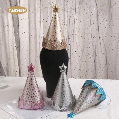 China YACHEN Birthday Party Favors Kids Party Hat Supplies Cheerful Shiny Star Paper Birthday Hats For Kids Birthday Party for sale